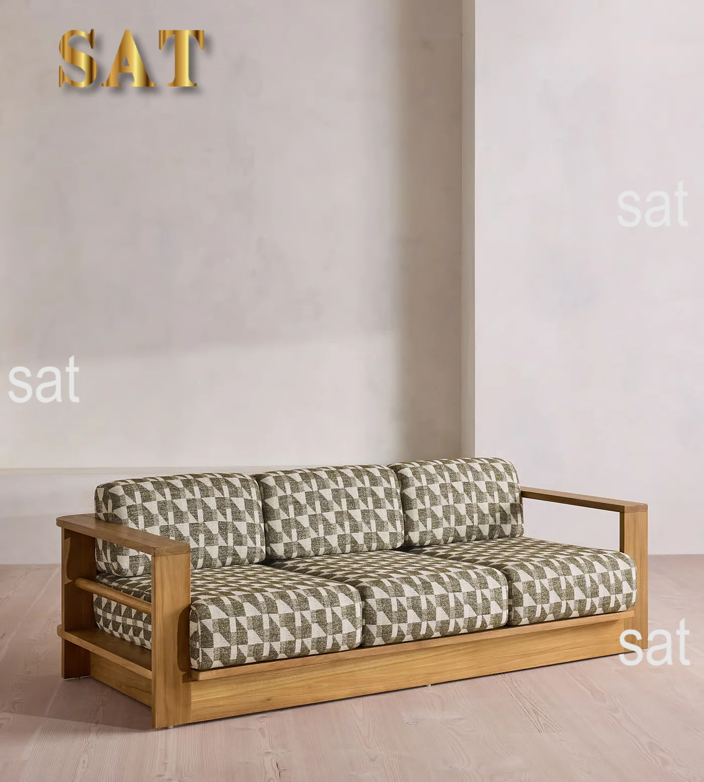 ！@Natural Teak Frame Removable Cushions Stable Structure Outdoor Seating Garden Lounge Leisure Furniture Outdoor Three-Sofa