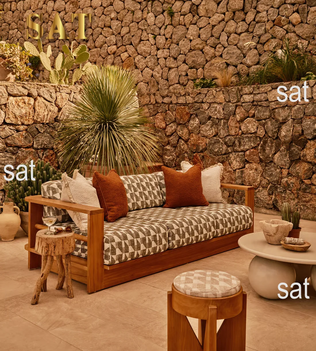 ！@Natural Teak Frame Removable Cushions Stable Structure Outdoor Seating Garden Lounge Leisure Furniture Outdoor Three-Sofa