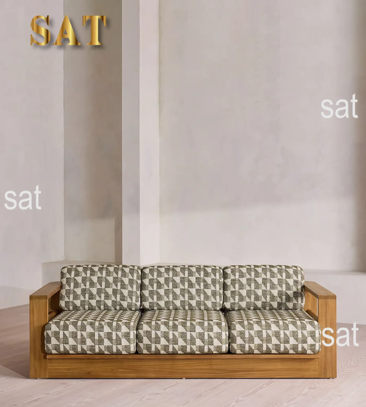 ！@Natural Teak Frame Removable Cushions Stable Structure Outdoor Seating Garden Lounge Leisure Furniture Outdoor Three-Sofa