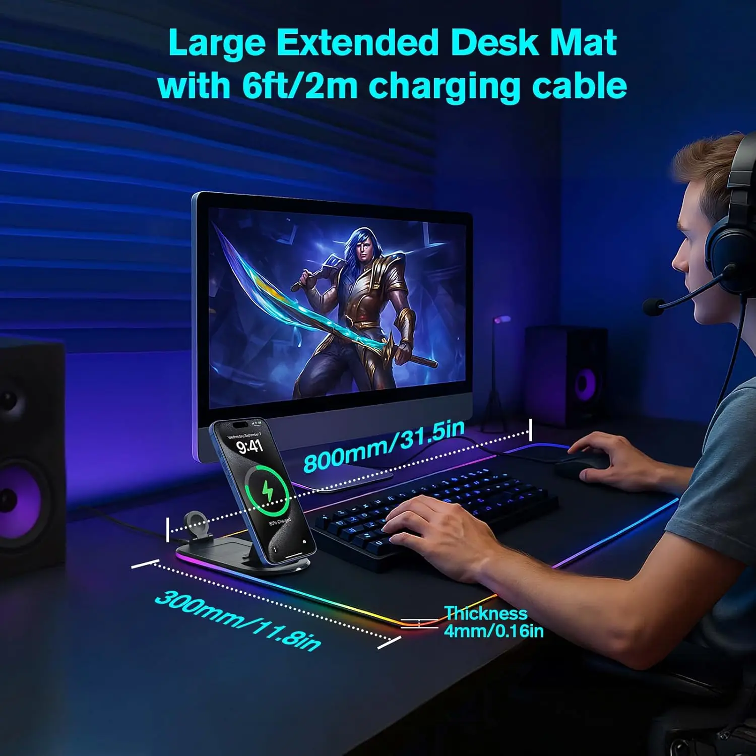 RGB Gaming Mouse Pad with 3 in 1 Wireless Charger, Large Extended Desk Mat 15W Fast Charging Waterproof Mousepad for Phone Watch