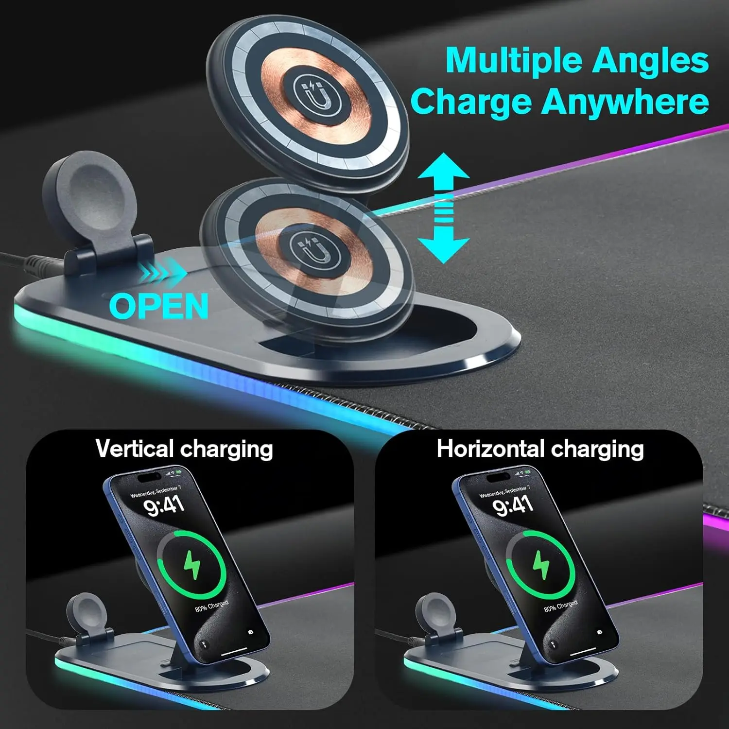 RGB Gaming Mouse Pad with 3 in 1 Wireless Charger, Large Extended Desk Mat 15W Fast Charging Waterproof Mousepad for Phone Watch