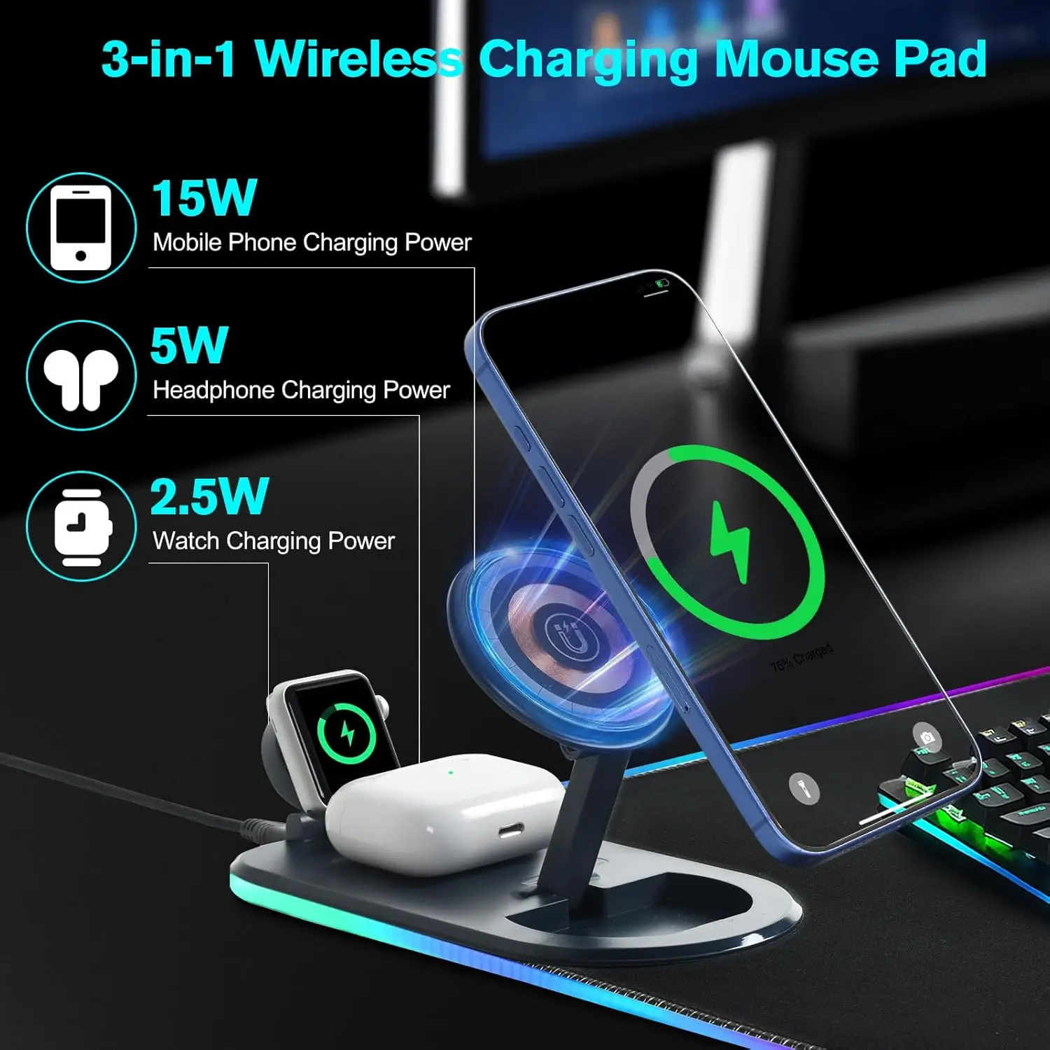 RGB Gaming Mouse Pad with 3 in 1 Wireless Charger, Large Extended Desk Mat 15W Fast Charging Waterproof Mousepad for Phone Watch