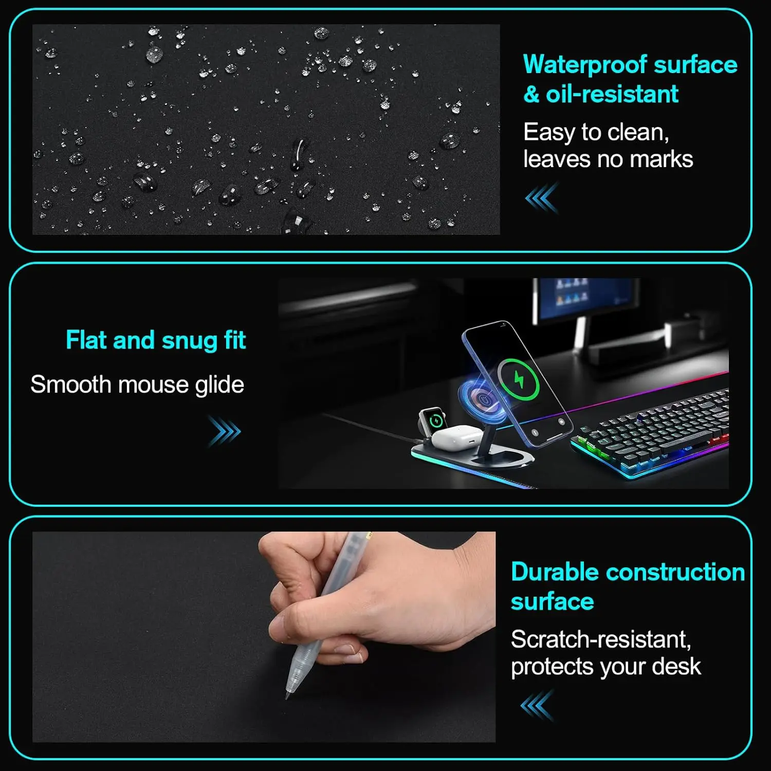RGB Gaming Mouse Pad with 3 in 1 Wireless Charger, Large Extended Desk Mat 15W Fast Charging Waterproof Mousepad for Phone Watch