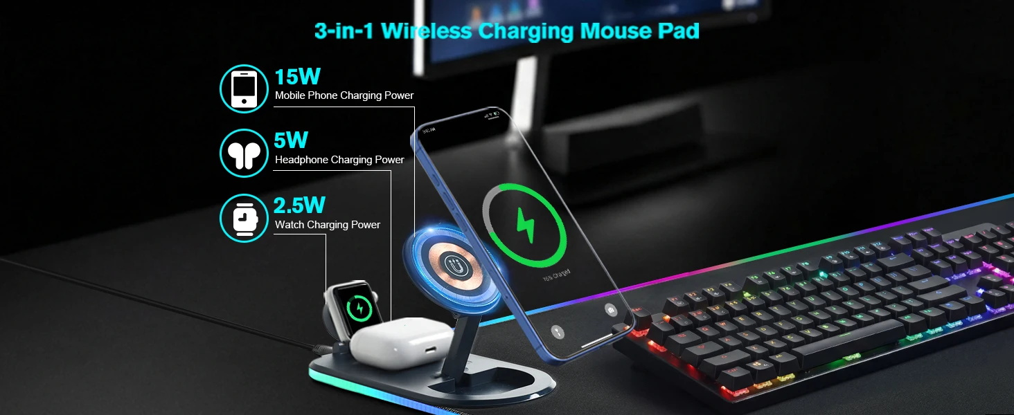 RGB Gaming Mouse Pad with 3 in 1 Wireless Charger, Large Extended Desk Mat 15W Fast Charging Waterproof Mousepad for Phone Watch