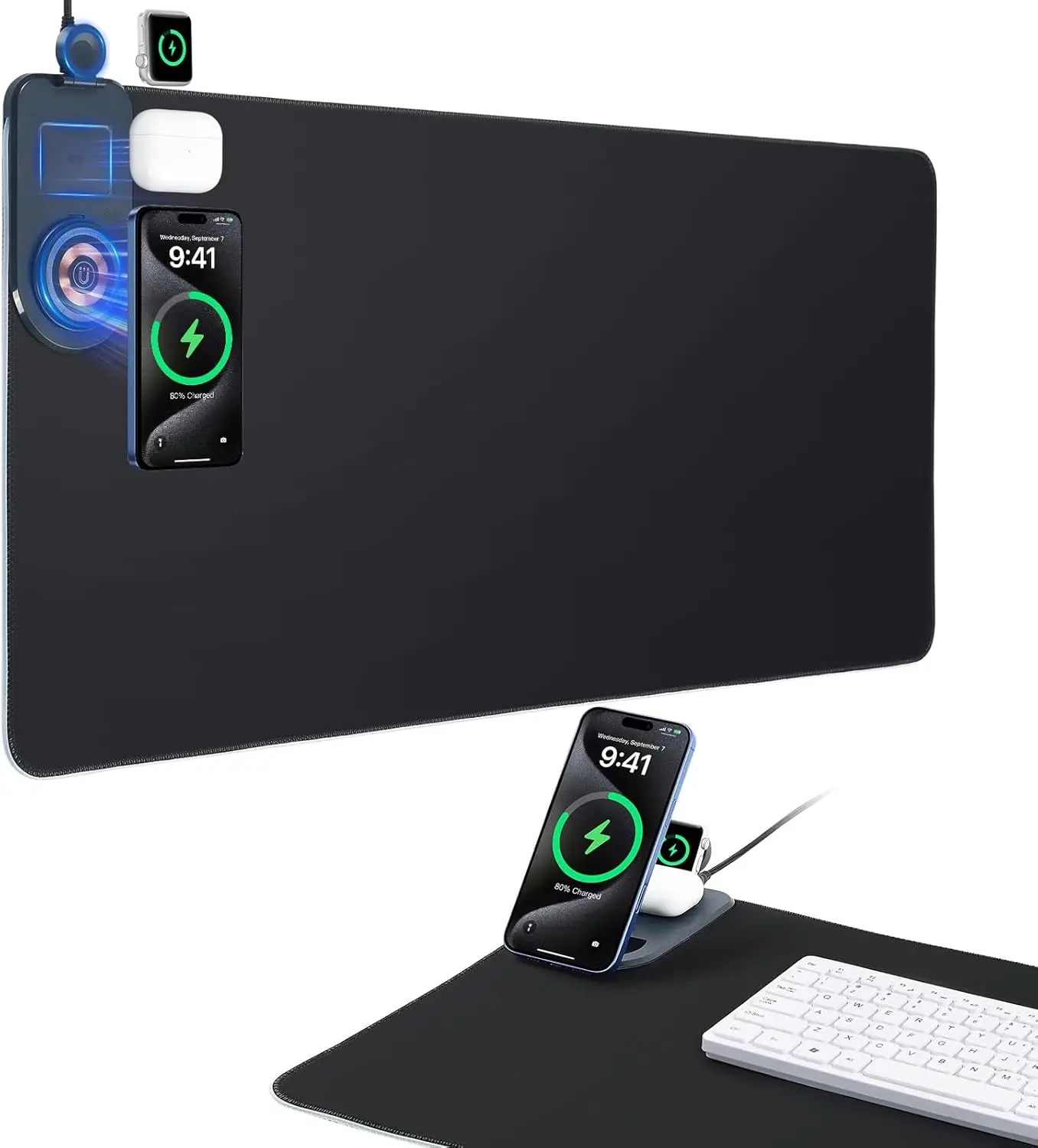 RGB Gaming Mouse Pad with 3 in 1 Wireless Charger, Large Extended Desk Mat 15W Fast Charging Waterproof Mousepad for Phone Watch