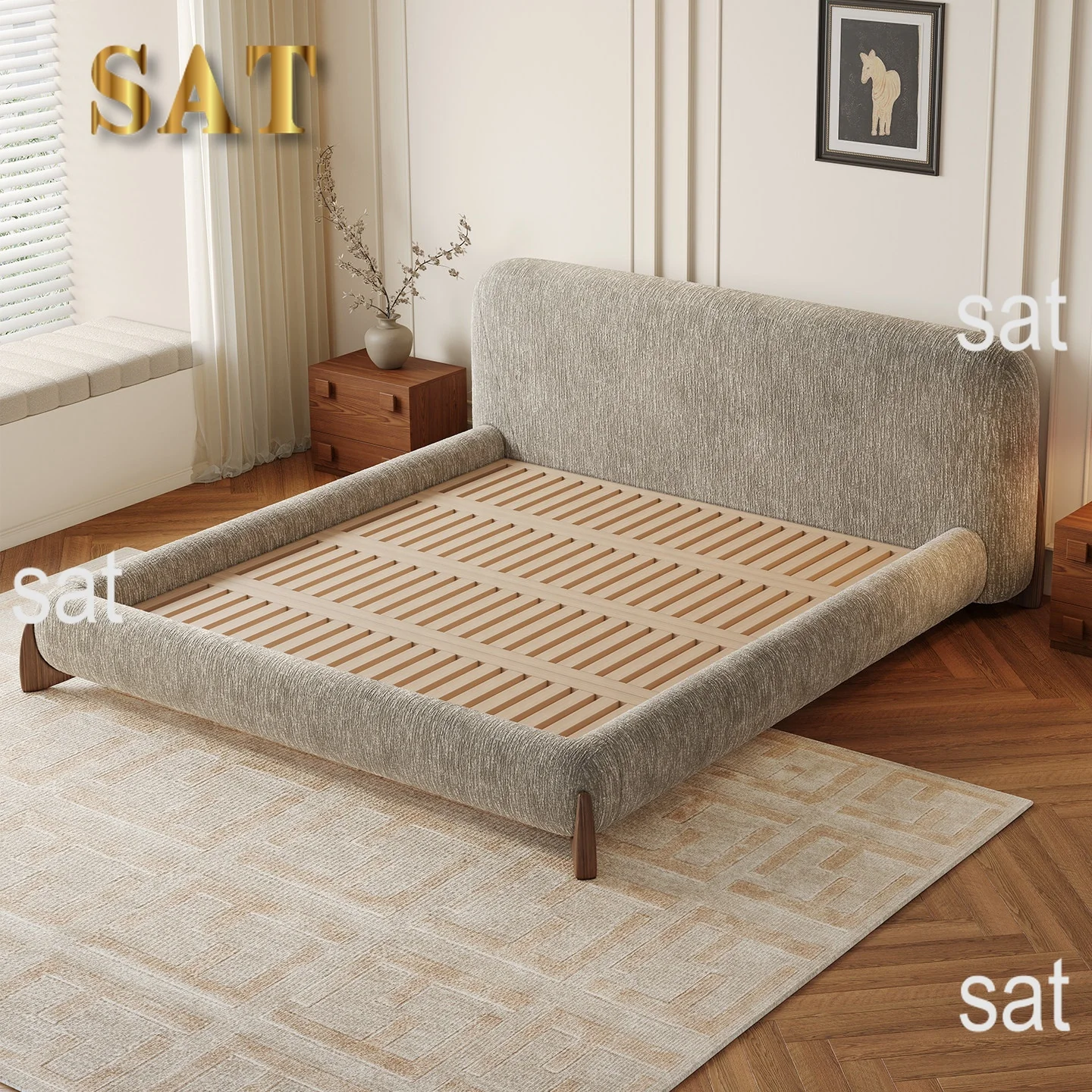 #French Vintage Chenille Fabric Bed, Modern Minimalist Soft Back Double Bed, Pneumatic Storage Bed For Master Bedroom