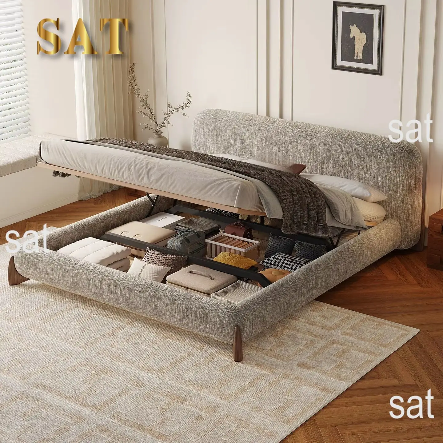#French Vintage Chenille Fabric Bed, Modern Minimalist Soft Back Double Bed, Pneumatic Storage Bed For Master Bedroom