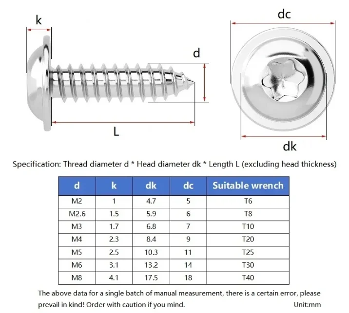 304 Stainless Steel M2 M2.6 M3 M4 M5 M6 M8 Pan Round Head Plus-Blossom Six-Lobe Torx with Washer Cushion Self-Tapping Wood Screw