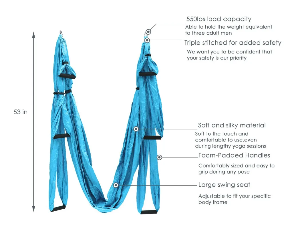 Parachute Fabric Yoga Hammock Swing, Anti-Gravity, High Strength, Decompression, Hanging Gym, Inversion Therapy, 6 Grip