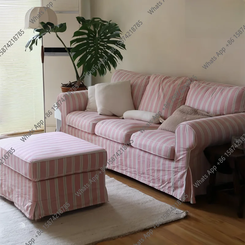 American retro French pastoral red striped removable and washable fabric small apartment living room bedroom triple double sofa