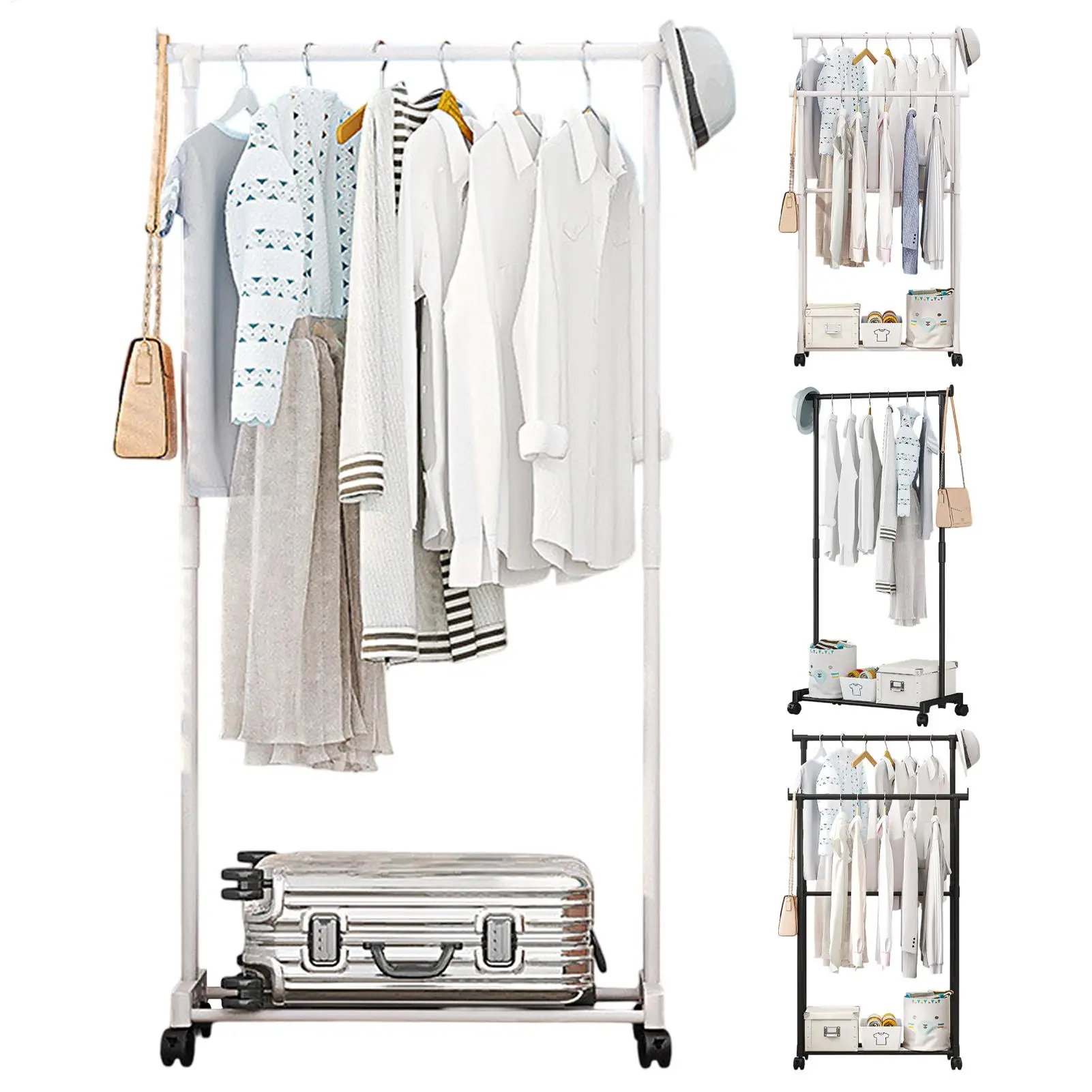 Shoe and hat integrated storage rack single and double pole clothes rack with wheels multi-layer clothing &hat rack Garment Rack