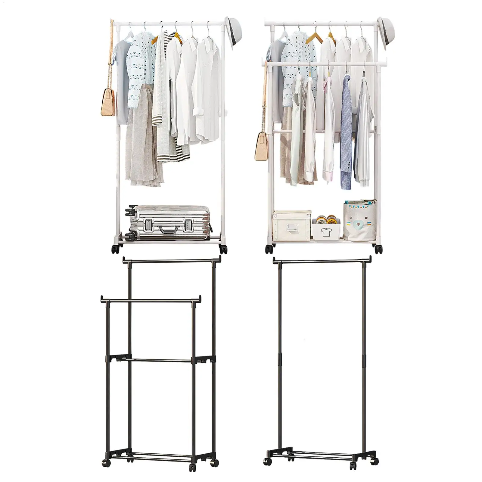 Shoe and hat integrated storage rack single and double pole clothes rack with wheels multi-layer clothing &hat rack Garment Rack