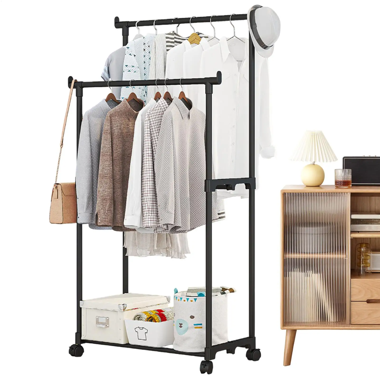 Shoe and hat integrated storage rack single and double pole clothes rack with wheels multi-layer clothing &hat rack Garment Rack