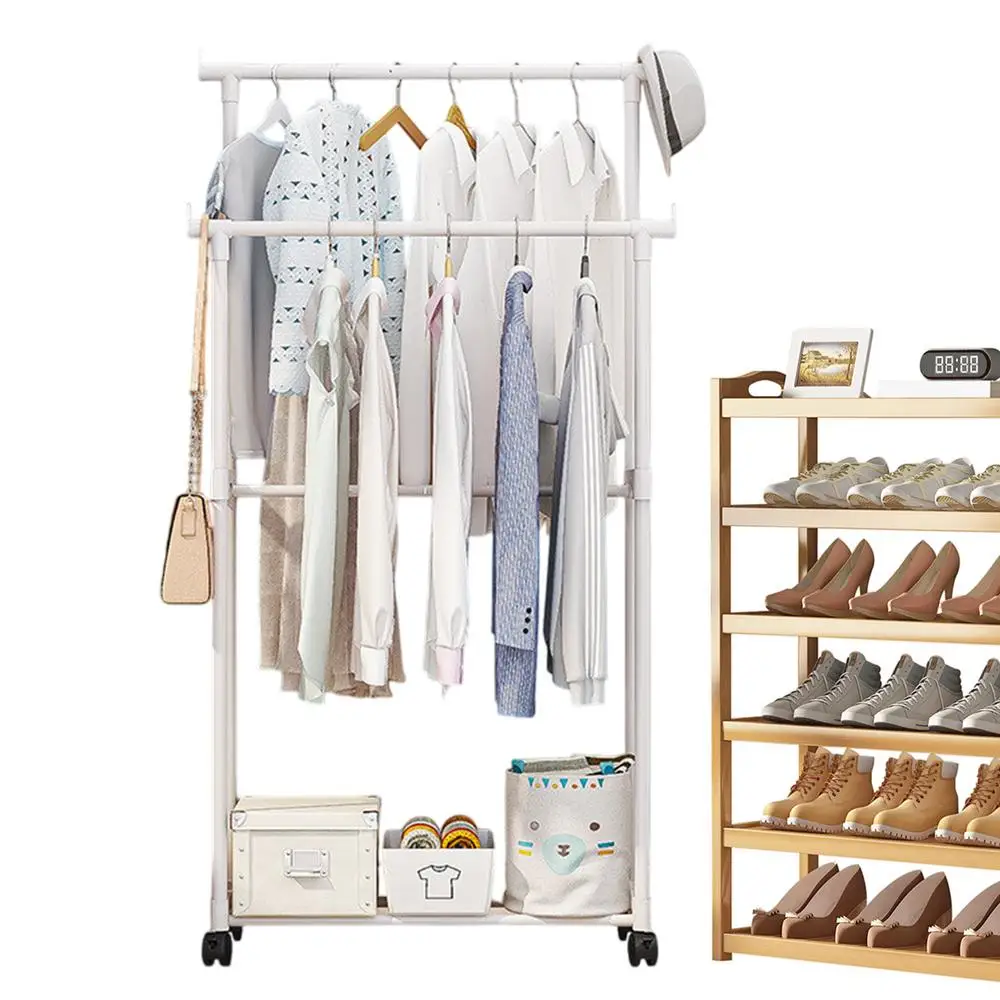 Shoe and hat integrated storage rack single and double pole clothes rack with wheels multi-layer clothing &hat rack Garment Rack
