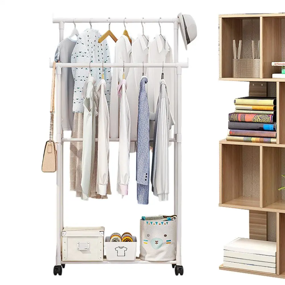 Shoe and hat integrated storage rack single and double pole clothes rack with wheels multi-layer clothing &hat rack Garment Rack