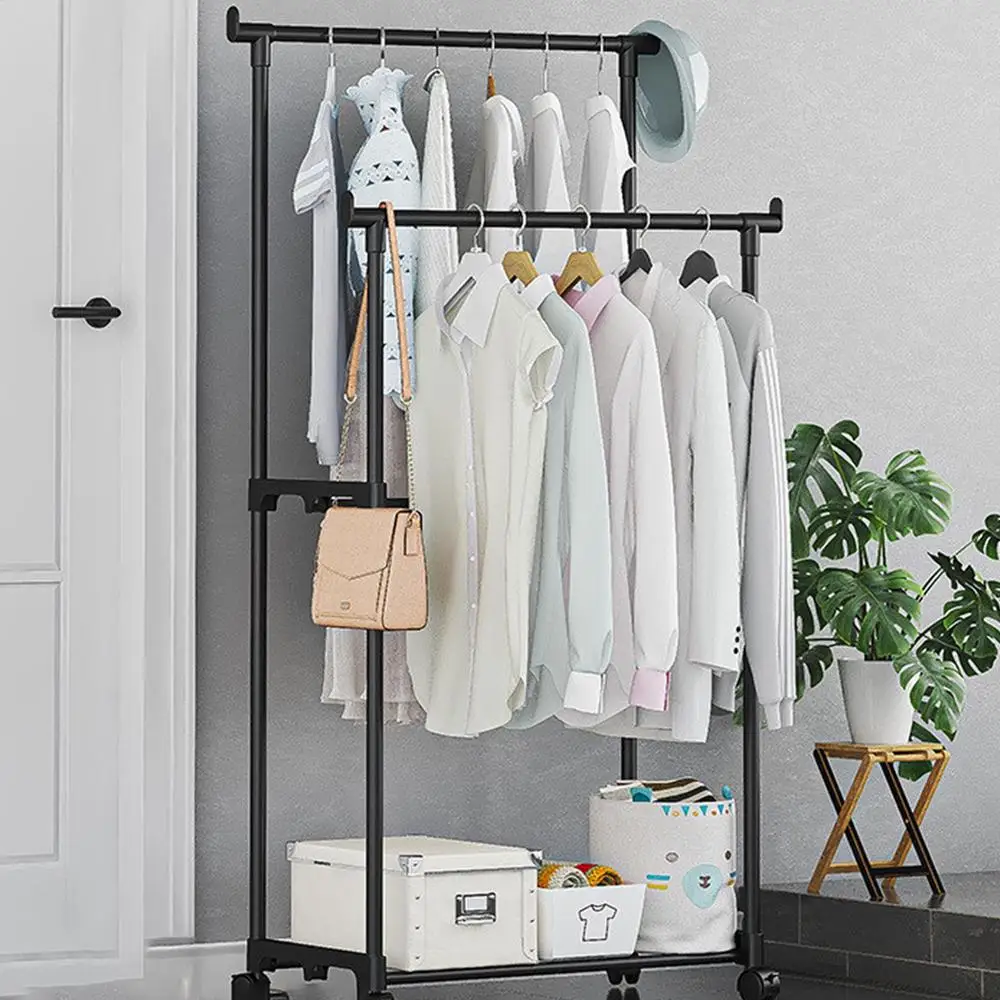 Shoe and hat integrated storage rack single and double pole clothes rack with wheels multi-layer clothing &hat rack Garment Rack
