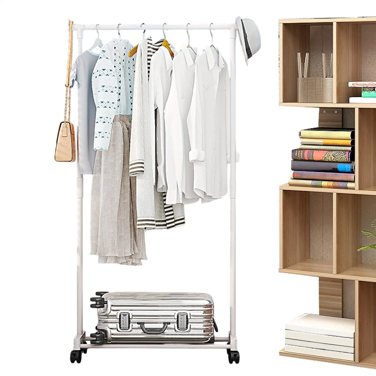 Shoe and hat integrated storage rack single and double pole clothes rack with wheels multi-layer clothing &hat rack Garment Rack