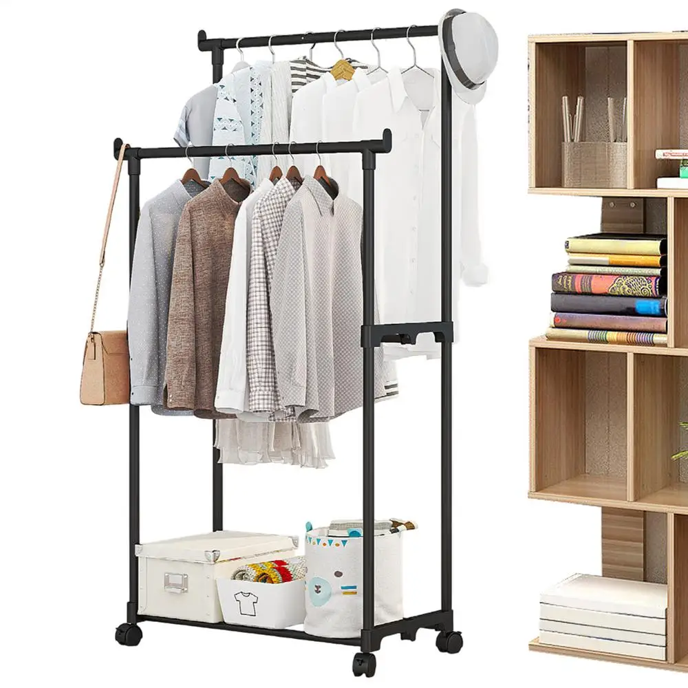 Shoe and hat integrated storage rack single and double pole clothes rack with wheels multi-layer clothing &hat rack Garment Rack