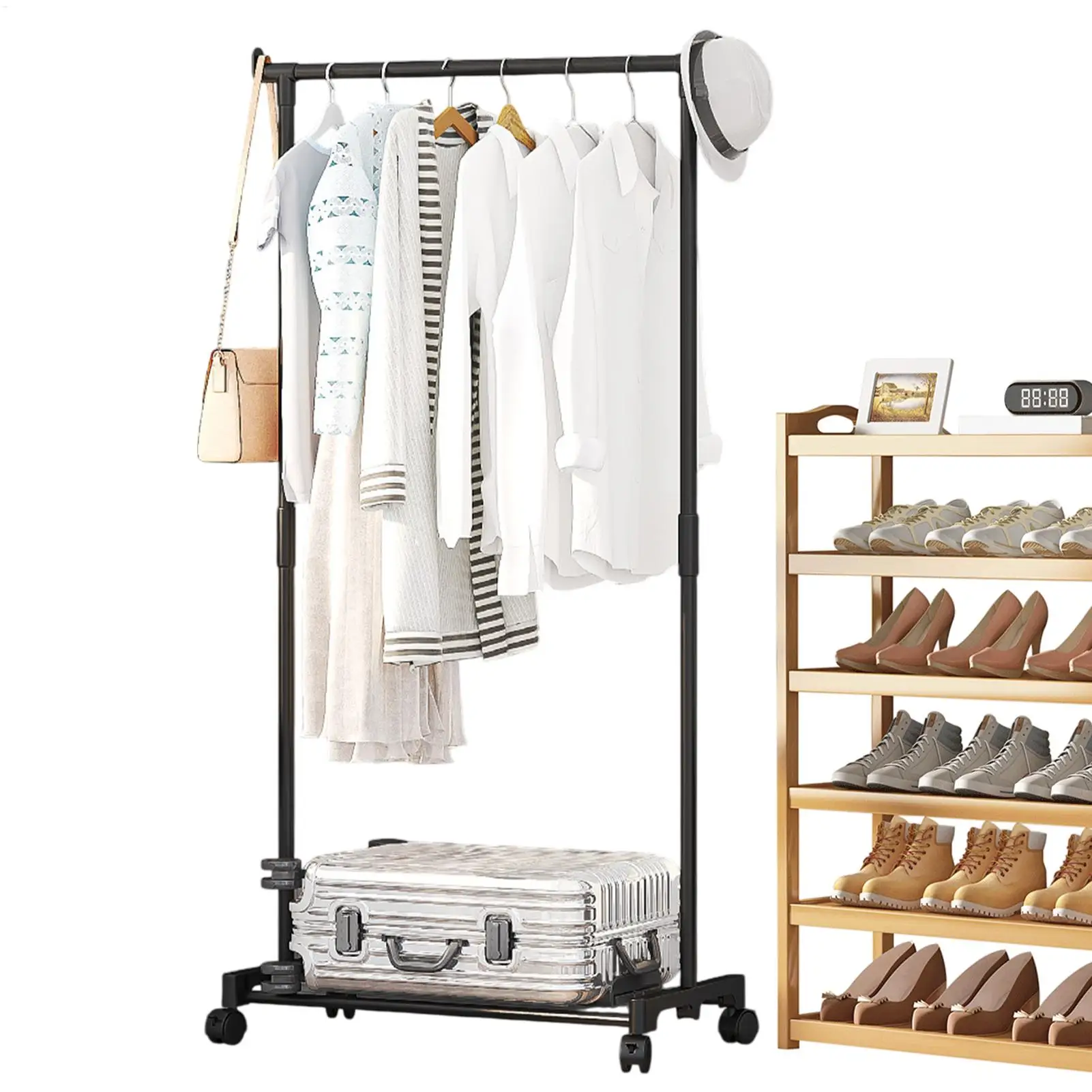 Shoe and hat integrated storage rack single and double pole clothes rack with wheels multi-layer clothing &hat rack Garment Rack