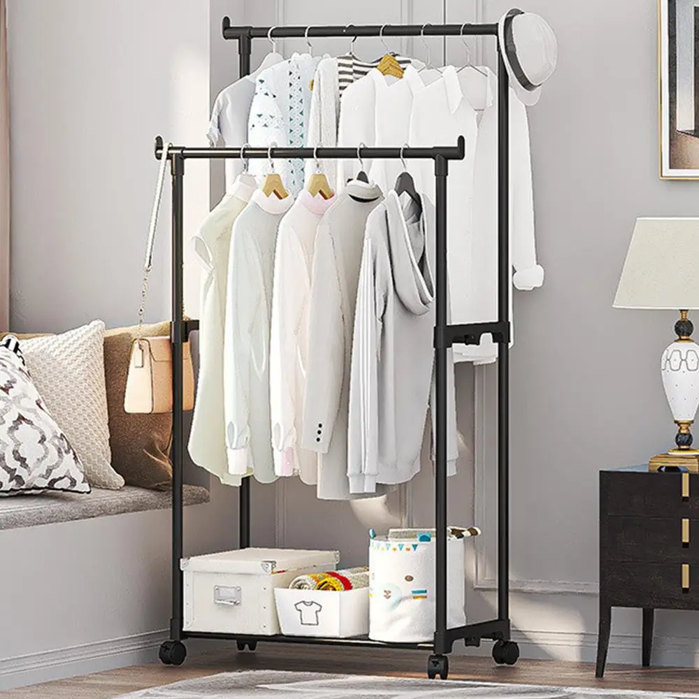 Shoe and hat integrated storage rack single and double pole clothes rack with wheels multi-layer clothing &hat rack Garment Rack