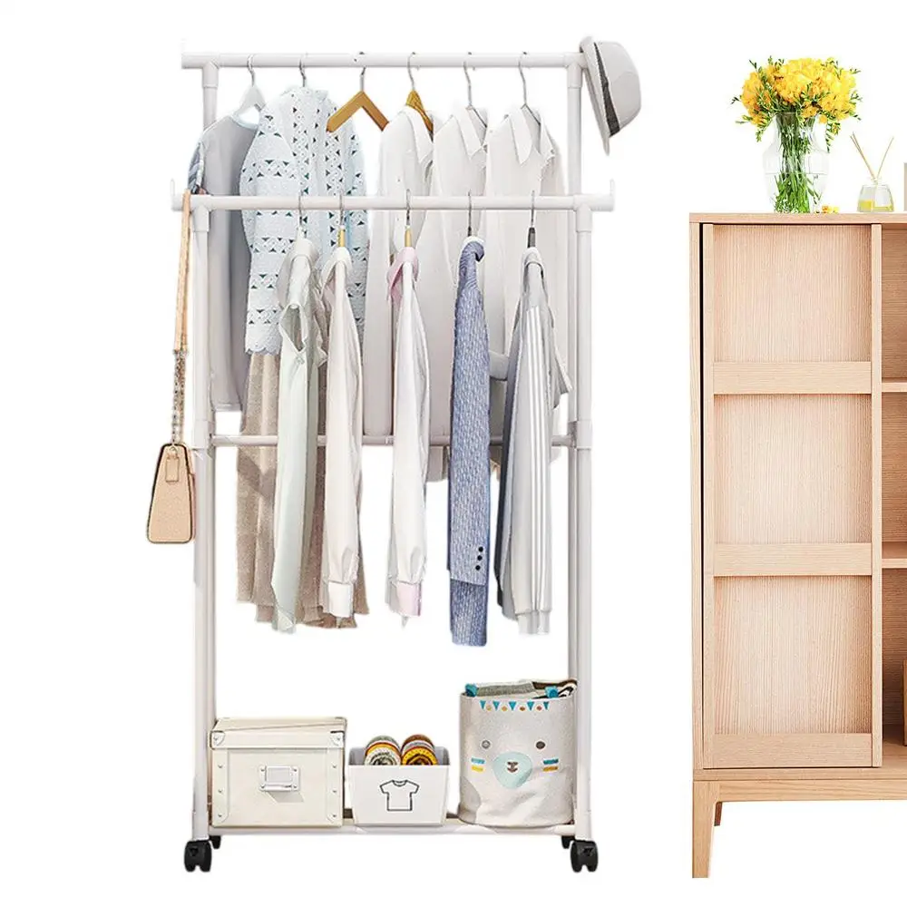 Shoe and hat integrated storage rack single and double pole clothes rack with wheels multi-layer clothing &hat rack Garment Rack