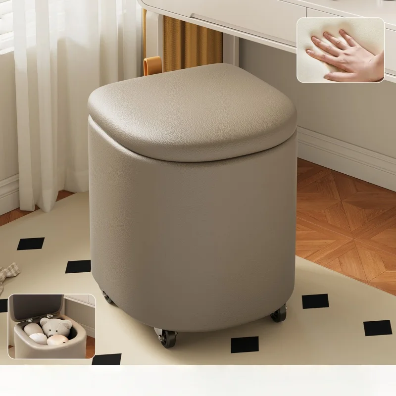 Makeup Stool Movable Bedroom Storage Dressing Stool Cream Wind Rotating Universal Low Stool Light Luxury High-end Leather Chair