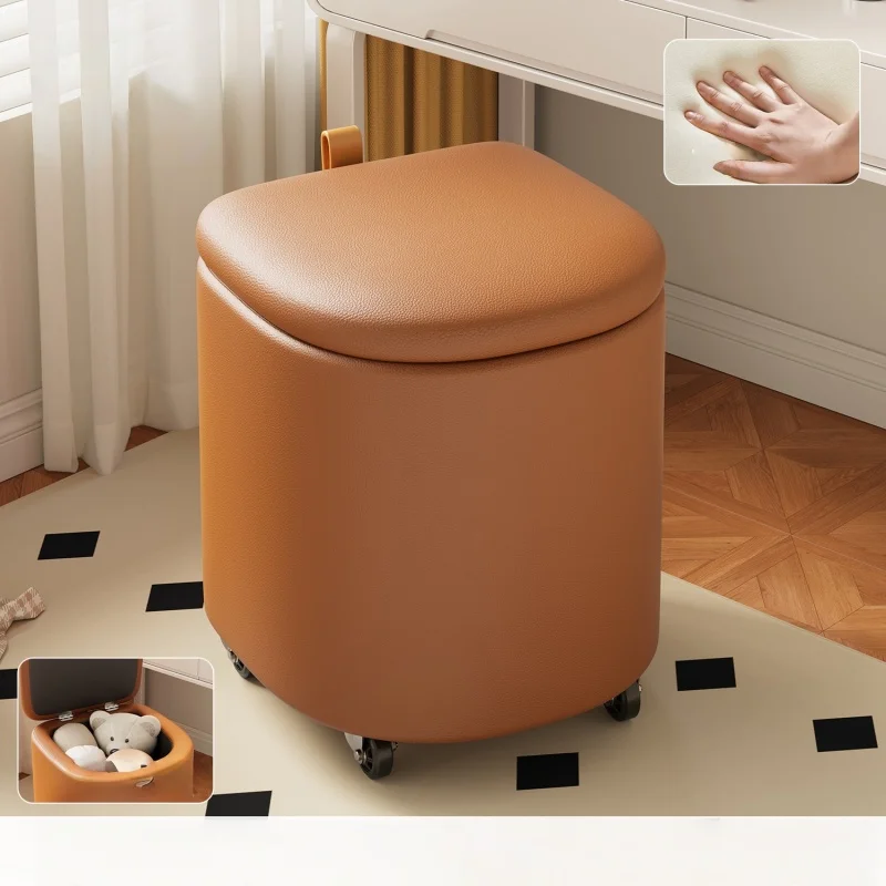 Makeup Stool Movable Bedroom Storage Dressing Stool Cream Wind Rotating Universal Low Stool Light Luxury High-end Leather Chair