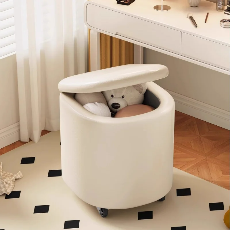 Makeup Stool Movable Bedroom Storage Dressing Stool Cream Wind Rotating Universal Low Stool Light Luxury High-end Leather Chair