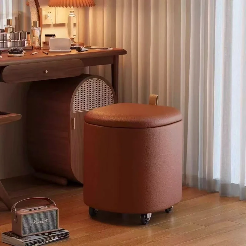 Makeup Stool Movable Bedroom Storage Dressing Stool Cream Wind Rotating Universal Low Stool Light Luxury High-end Leather Chair