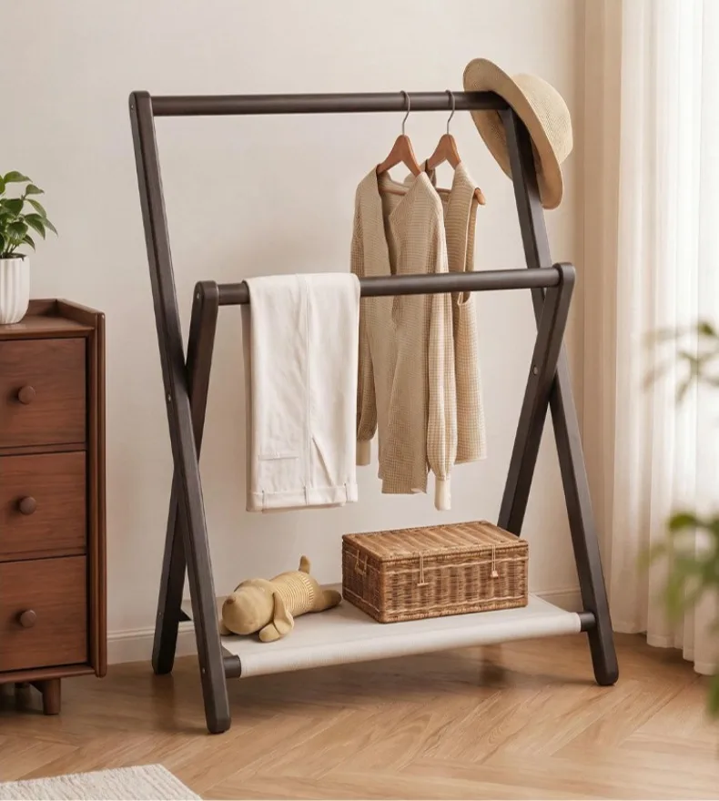 Solid Wood Clothes Racks Foldable Portability Floor Coat Rack Modern Minimalist Clothes Hanger Rack Luxury Rooms Furniture
