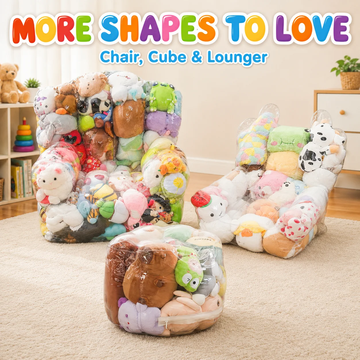 Storage Bag Clear PVC, Large Capacity Sofa Seat Cube Lounger with Zipper, Stuffed Animal Storage Bean Bag Chair Cover Plush Toy