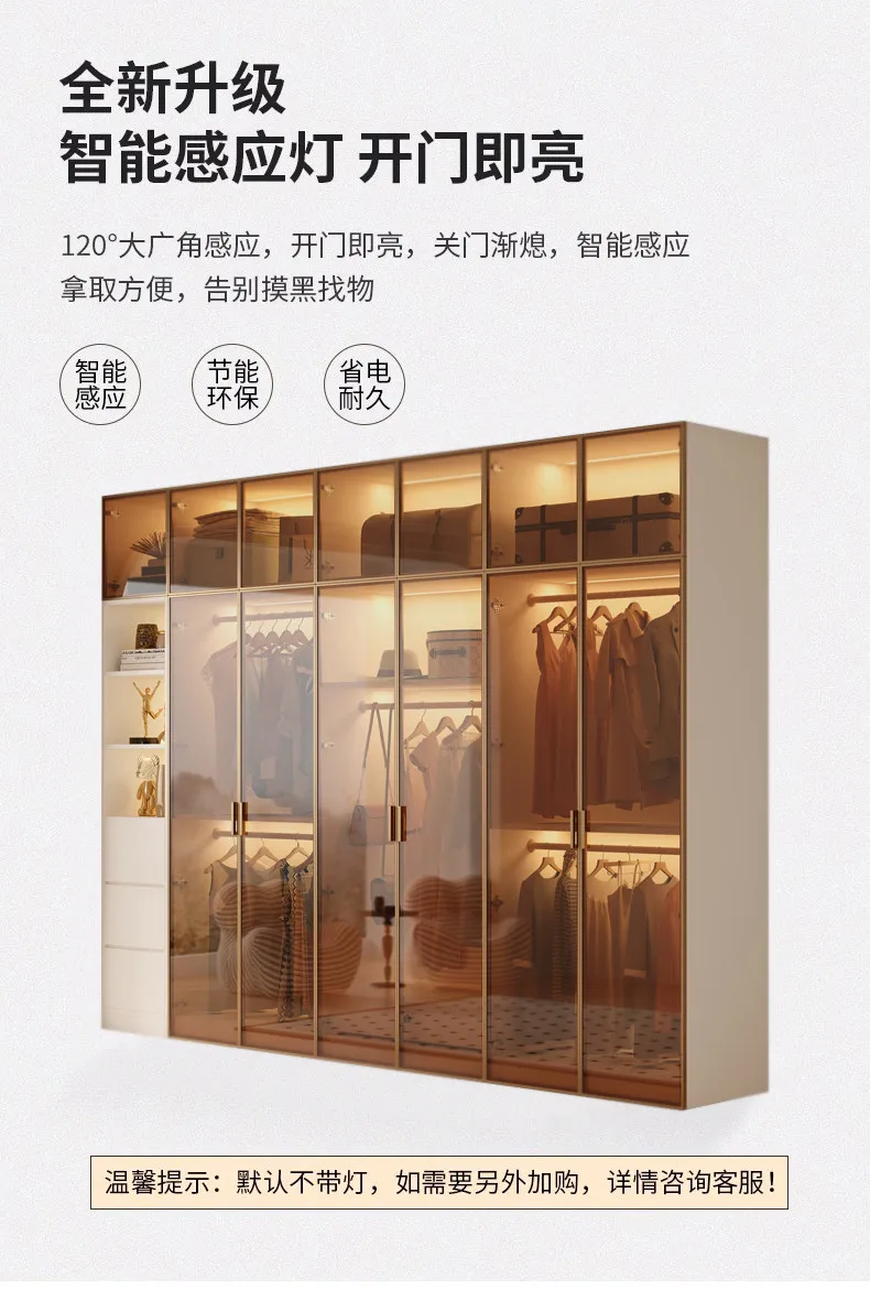 Modern Luxury White Frame Glass Door Wardrobe Solid Wood Combined Walk-In Closet with Built-In LED Ambient Light for Bedroom