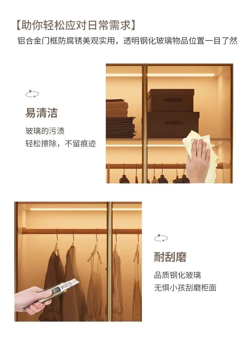 Modern Luxury White Frame Glass Door Wardrobe Solid Wood Combined Walk-In Closet with Built-In LED Ambient Light for Bedroom
