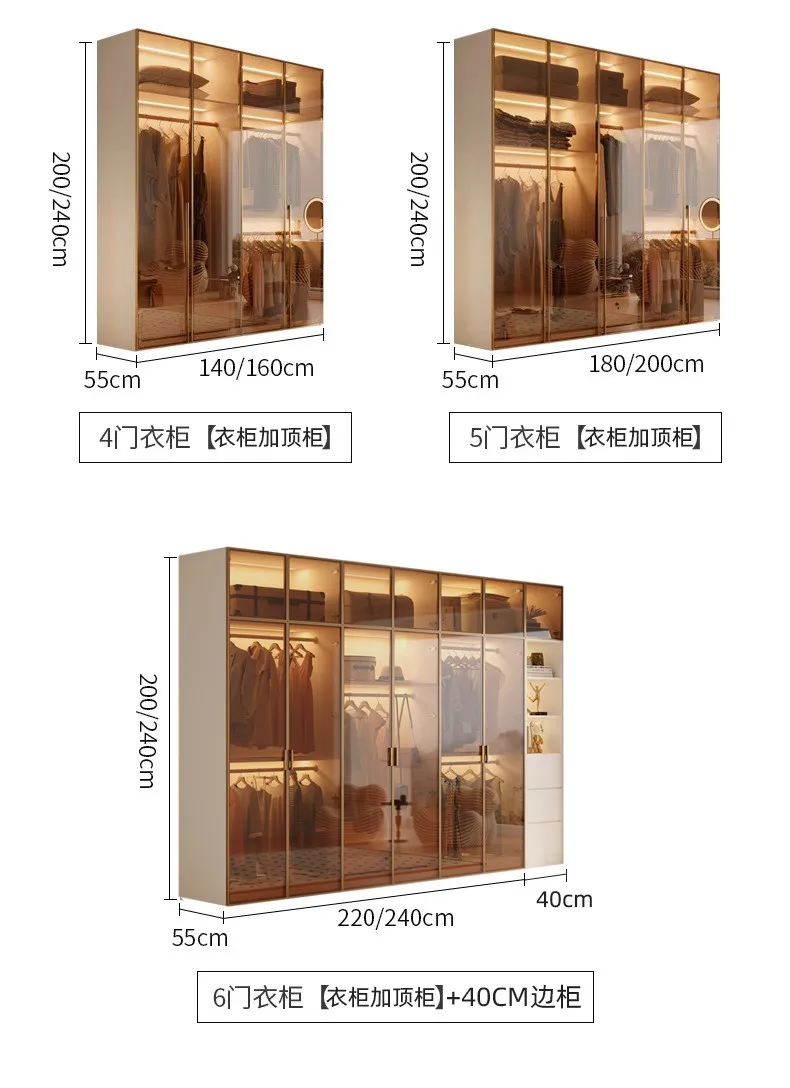 Modern Luxury White Frame Glass Door Wardrobe Solid Wood Combined Walk-In Closet with Built-In LED Ambient Light for Bedroom