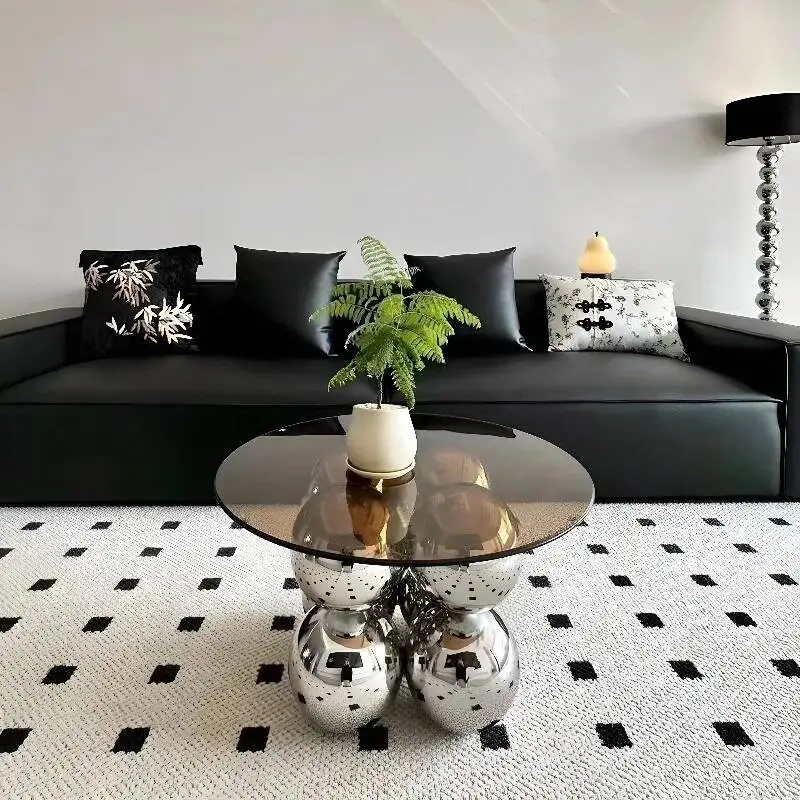 Modern Glass Top Coffee Table with Metal Spherical Base, Luxury Round Living Room Center Table, Stylish Home Decor Furniture