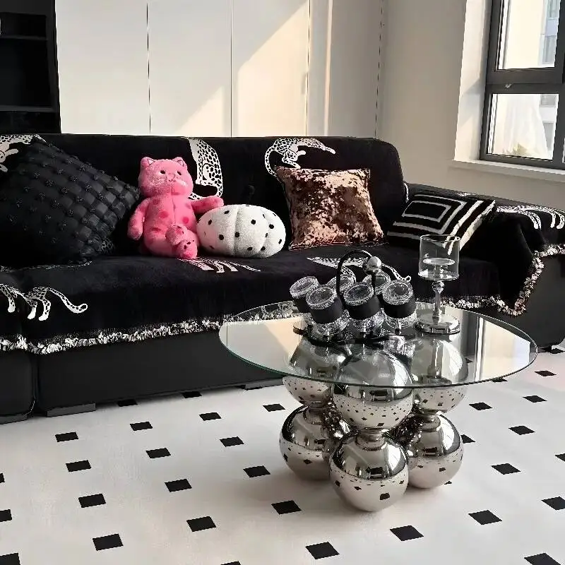Modern Glass Top Coffee Table with Metal Spherical Base, Luxury Round Living Room Center Table, Stylish Home Decor Furniture