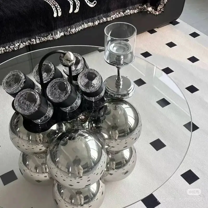 Modern Glass Top Coffee Table with Metal Spherical Base, Luxury Round Living Room Center Table, Stylish Home Decor Furniture