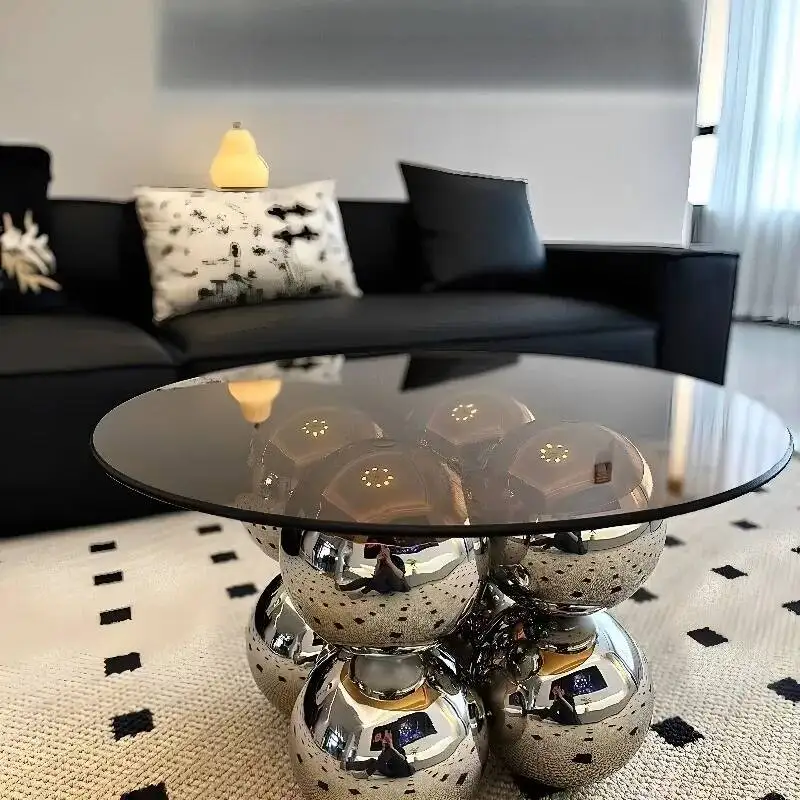 Modern Glass Top Coffee Table with Metal Spherical Base, Luxury Round Living Room Center Table, Stylish Home Decor Furniture