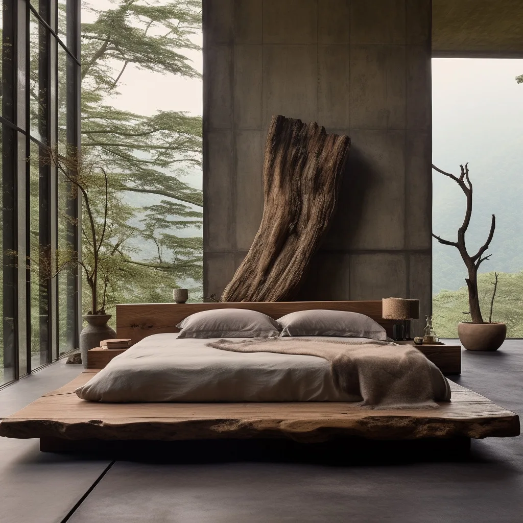 Wabi Sandy Wind Solid Wood Double Bed B & B Hotel Model Room Designer Log Color Medium Ancient QueenBed Pure SolidWood