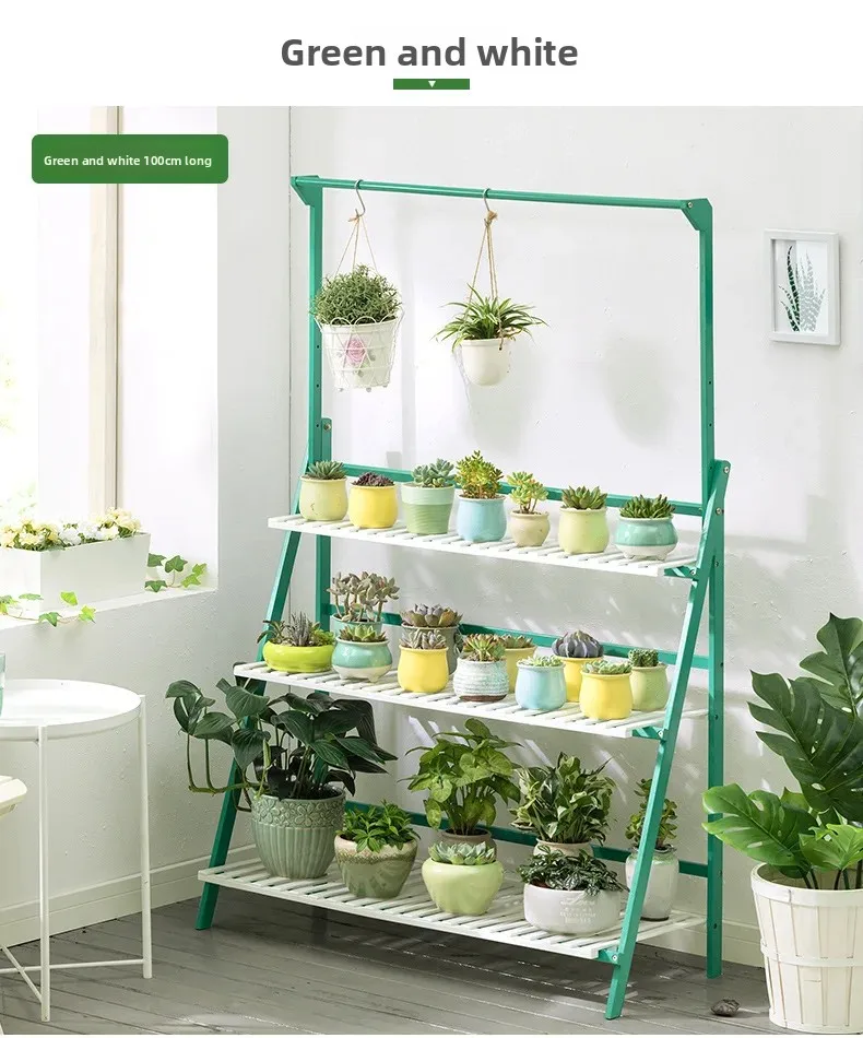 Foldable Wooden Hanging Planter, Thickened Balcony Plant Stand, Vertical Multi-Tier Shelf, Mobile Indoor Flower Pot Organizer