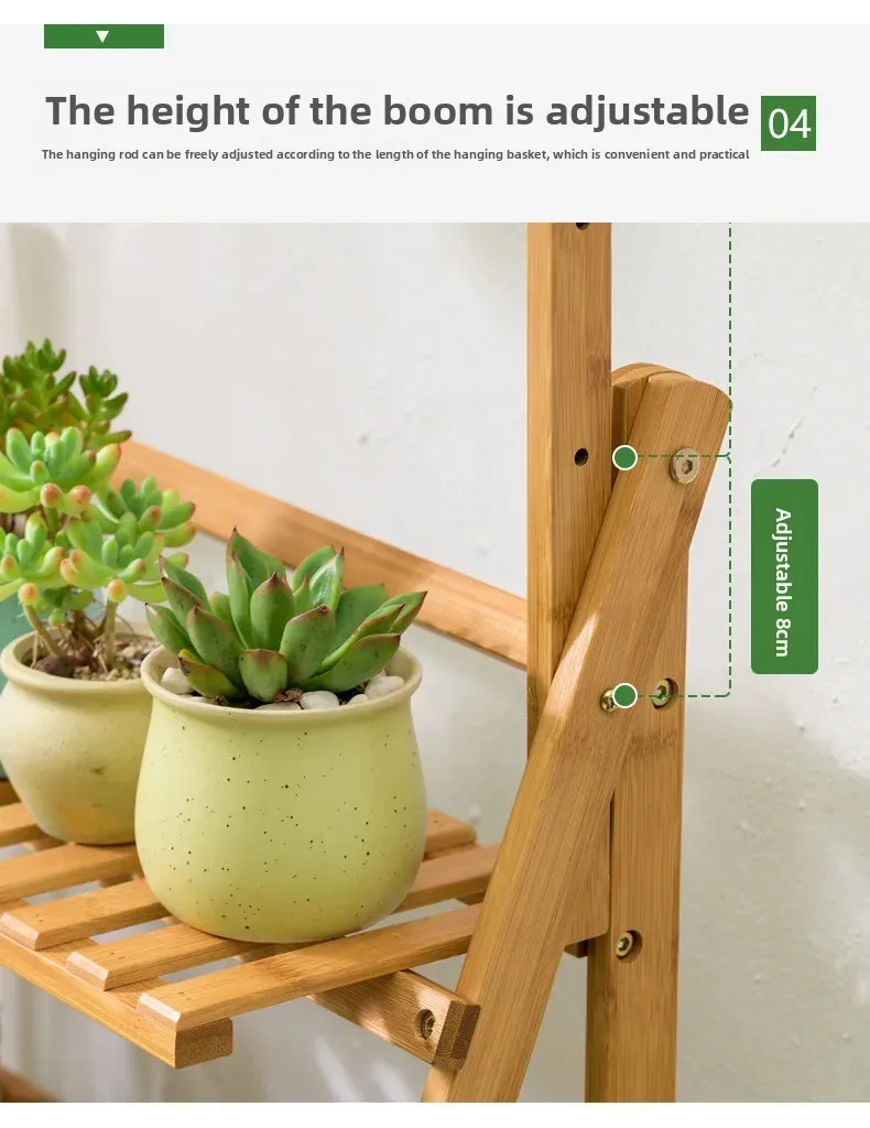 Foldable Wooden Hanging Planter, Thickened Balcony Plant Stand, Vertical Multi-Tier Shelf, Mobile Indoor Flower Pot Organizer