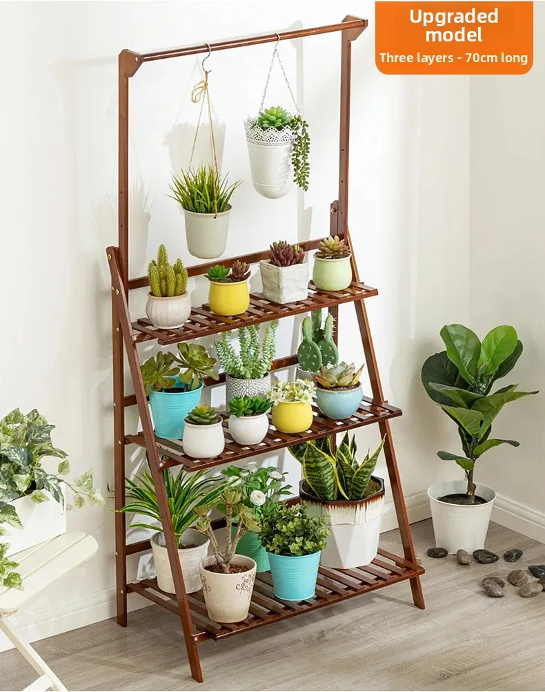 Foldable Wooden Hanging Planter, Thickened Balcony Plant Stand, Vertical Multi-Tier Shelf, Mobile Indoor Flower Pot Organizer