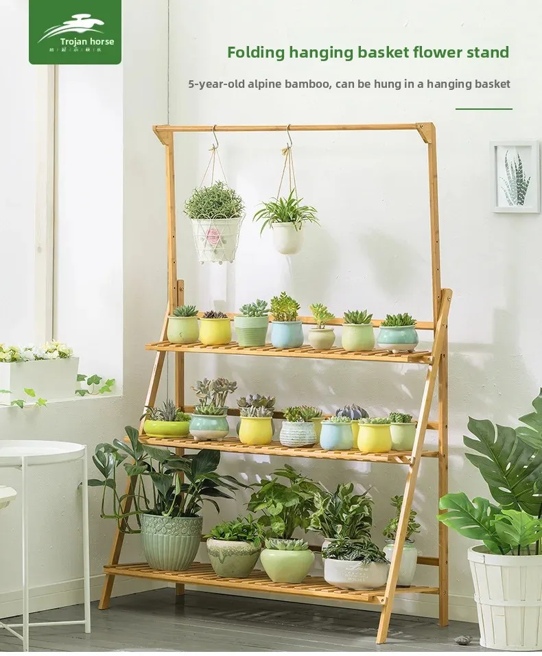 Foldable Wooden Hanging Planter, Thickened Balcony Plant Stand, Vertical Multi-Tier Shelf, Mobile Indoor Flower Pot Organizer