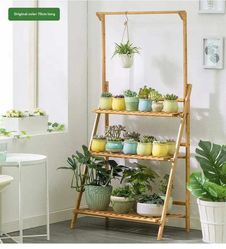 Foldable Wooden Hanging Planter, Thickened Balcony Plant Stand, Vertical Multi-Tier Shelf, Mobile Indoor Flower Pot Organizer