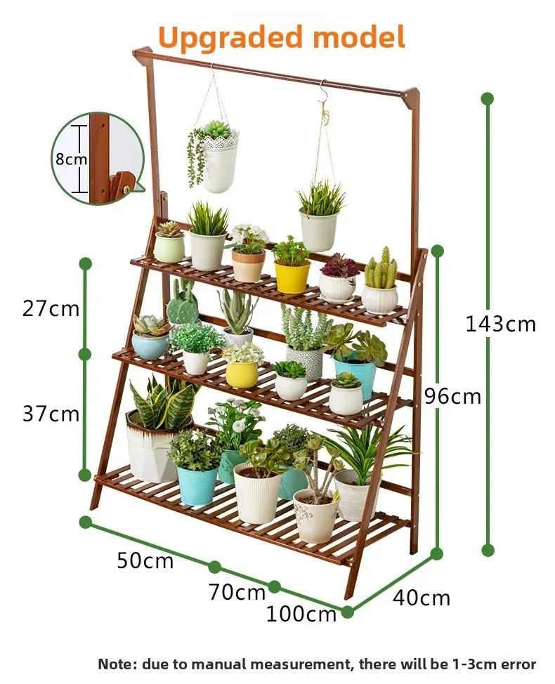 Foldable Wooden Hanging Planter, Thickened Balcony Plant Stand, Vertical Multi-Tier Shelf, Mobile Indoor Flower Pot Organizer