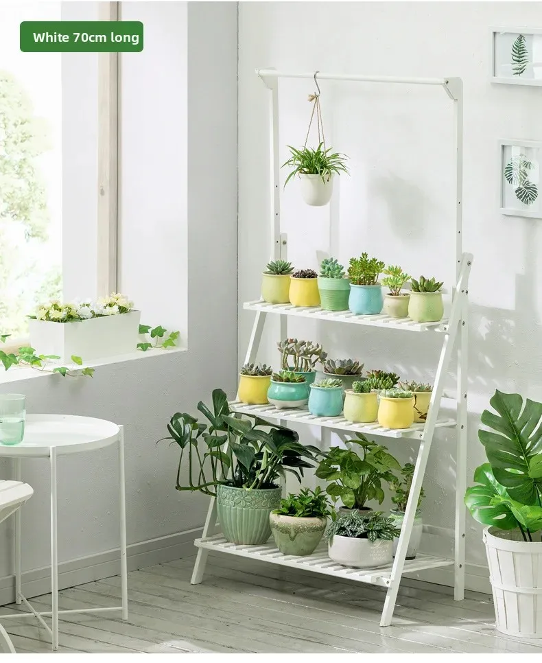 Foldable Wooden Hanging Planter, Thickened Balcony Plant Stand, Vertical Multi-Tier Shelf, Mobile Indoor Flower Pot Organizer