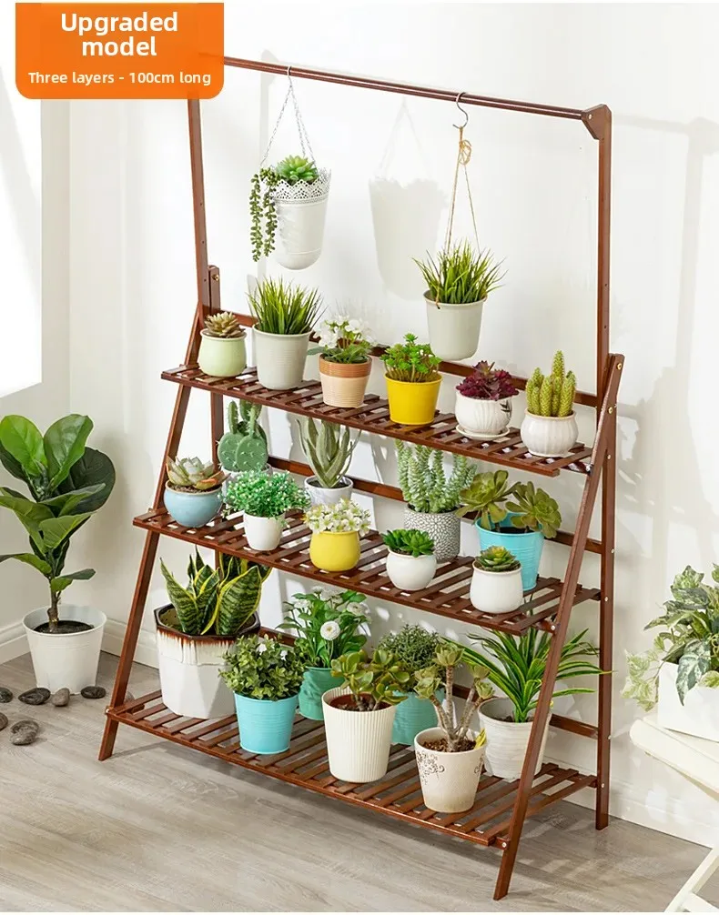 Foldable Wooden Hanging Planter, Thickened Balcony Plant Stand, Vertical Multi-Tier Shelf, Mobile Indoor Flower Pot Organizer
