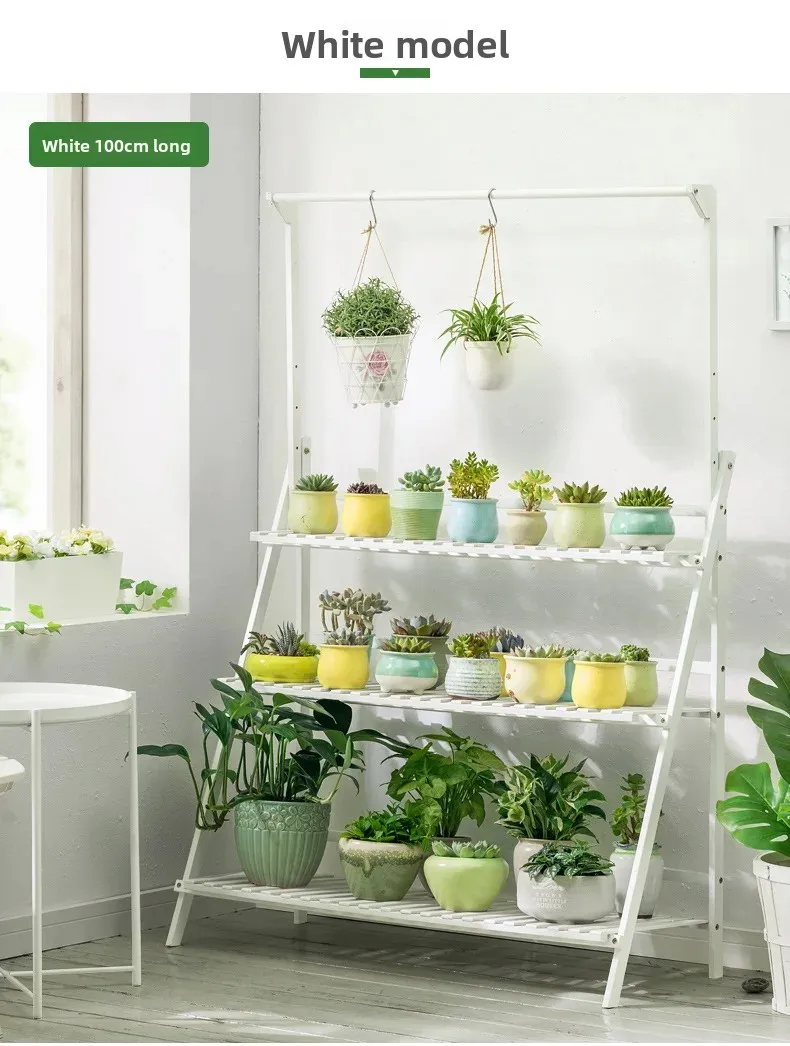 Foldable Wooden Hanging Planter, Thickened Balcony Plant Stand, Vertical Multi-Tier Shelf, Mobile Indoor Flower Pot Organizer