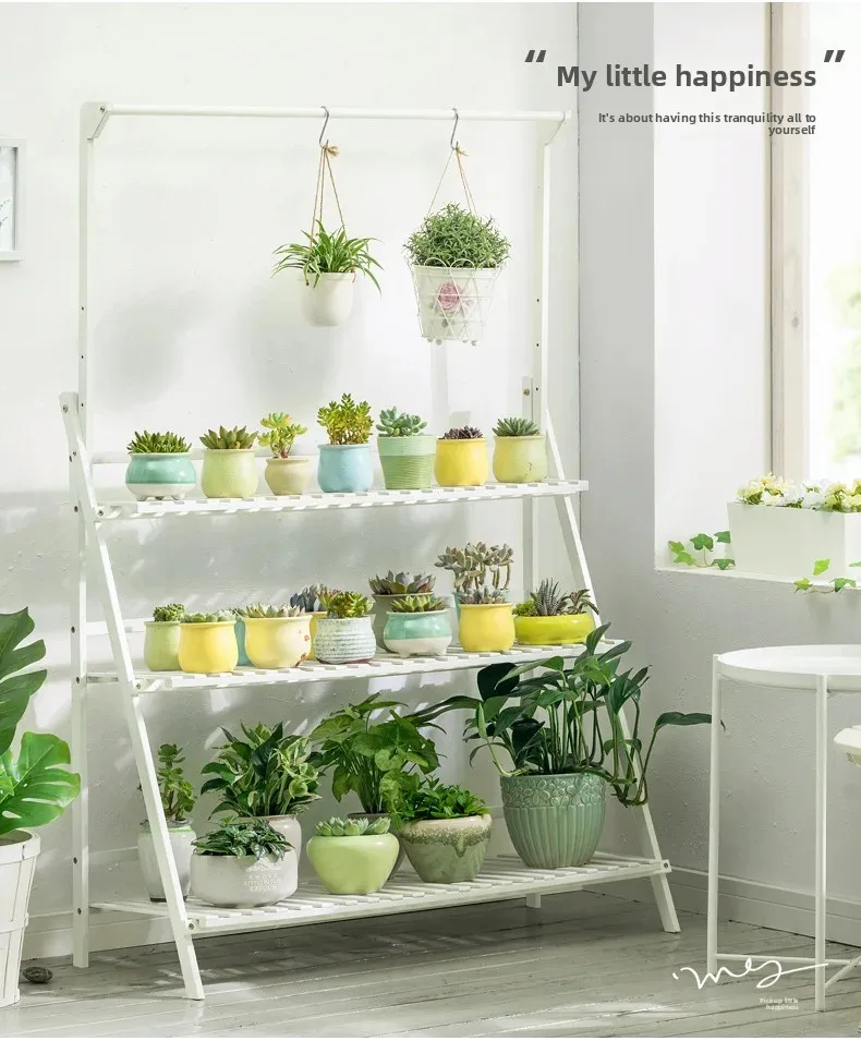 Foldable Wooden Hanging Planter, Thickened Balcony Plant Stand, Vertical Multi-Tier Shelf, Mobile Indoor Flower Pot Organizer