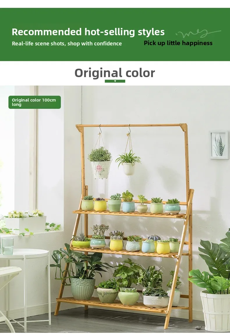 Foldable Wooden Hanging Planter, Thickened Balcony Plant Stand, Vertical Multi-Tier Shelf, Mobile Indoor Flower Pot Organizer